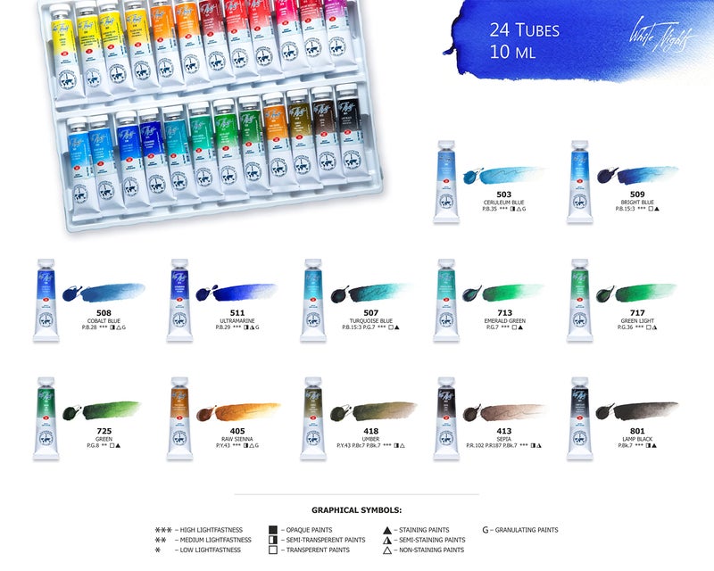 White Nights Professional Watercolor Set 24 Extra Fine Artist Grade 10ml Tubes, Vibrant & Lightfast Colors, Premium Art Supplies for Artists & Hobbyists by Nevskaya Palitra - Image 5
