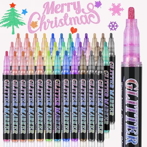 OLINGYOU Glitter Marker Pens,36 Colors Self-Shimmer Metallic Markers,Glitter Paint Pens DIY Crafts Greeting Birthday Cards, Making Poster,Album,Scrapbooking,Wood，Mugs - Image 1