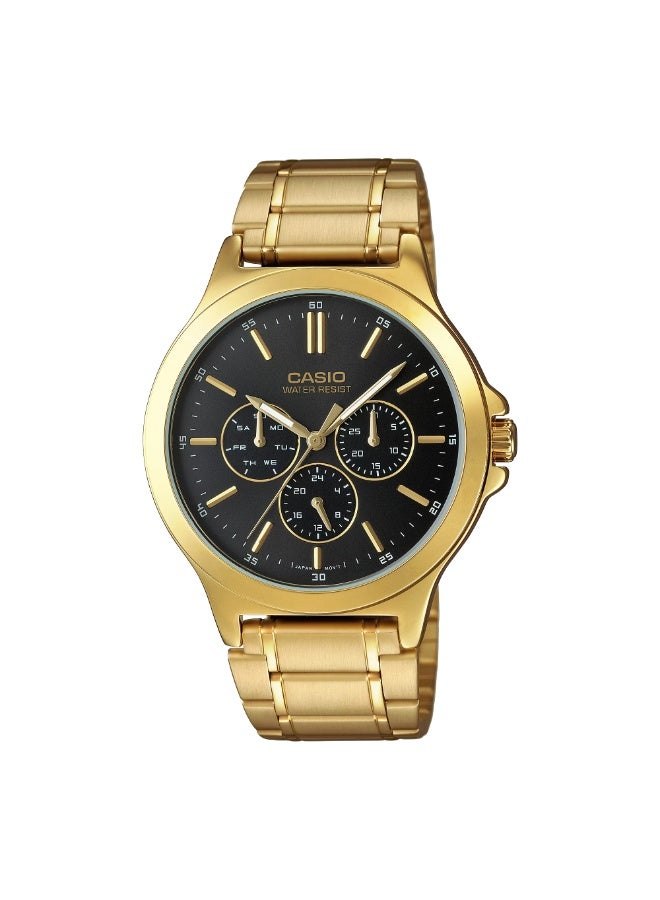 Casio MTP-V300G-1AVUDF Men’s Multi-Hand Analog Quartz Watch – Elegant Black Dial, Gold-Tone Stainless Steel Bracelet, Day Date 24-Hour Sub-Dials, Water Resistant Luxury Business Wristwatch - Image 1