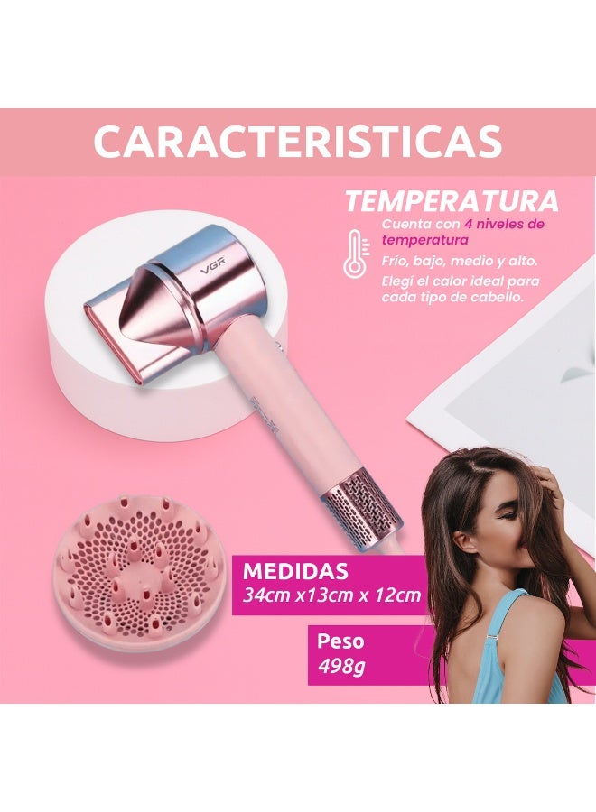 VGR Professional Hair Dryer V-443 , 1900W High Speed Motor, 3 Adjustable Speeds & Heat Levels, Negative Ion Technology for Frizz-Free Shiny Hair, Cool Shot, Concentrator & Diffuser, Lightweight Ergonomic Design, Salon & Home Use PINK - Image 4