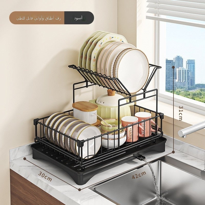 Premium 2-Tier Dish Drying Rack with Dual-Wing Design - Sturdy Carbon Steel Kitchen Counter Organizer with Rust-Proof Coating, Space-Saving Storage for Plates Bowls Cutlery