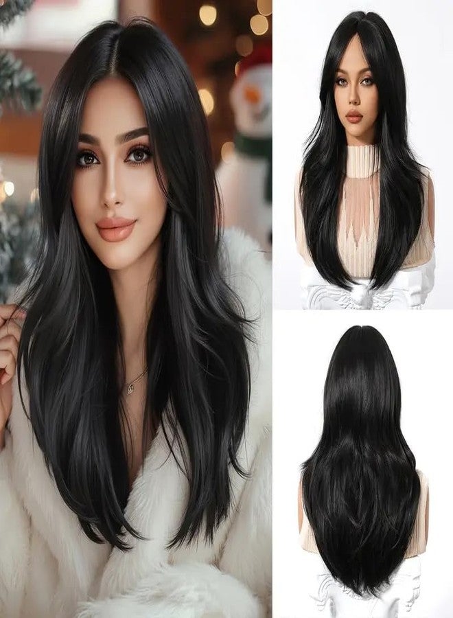 ASSU Women’s Black Wavy Straight Wig with Bangs | 150% Density Soft Synthetic Hair | Comfortable Rose Net Cap | Stylish Wig for Daily USe, Christmas & Special Occasions - Image 1