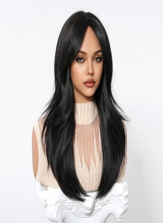 ASSU Women’s Black Wavy Straight Wig with Bangs | 150% Density Soft Synthetic Hair | Comfortable Rose Net Cap | Stylish Wig for Daily USe, Christmas & Special Occasions - Image 2