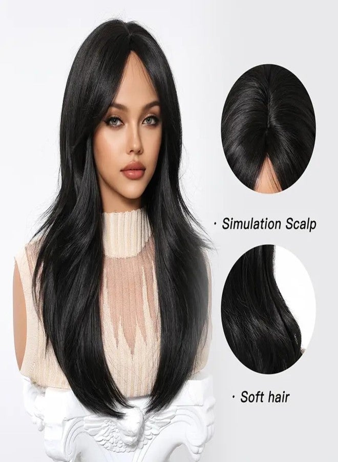 ASSU Women’s Black Wavy Straight Wig with Bangs | 150% Density Soft Synthetic Hair | Comfortable Rose Net Cap | Stylish Wig for Daily USe, Christmas & Special Occasions - Image 4