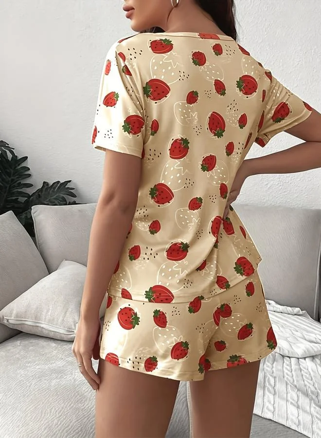 Take Two Beige Strawberry Print T-Shirt and Shorts Set