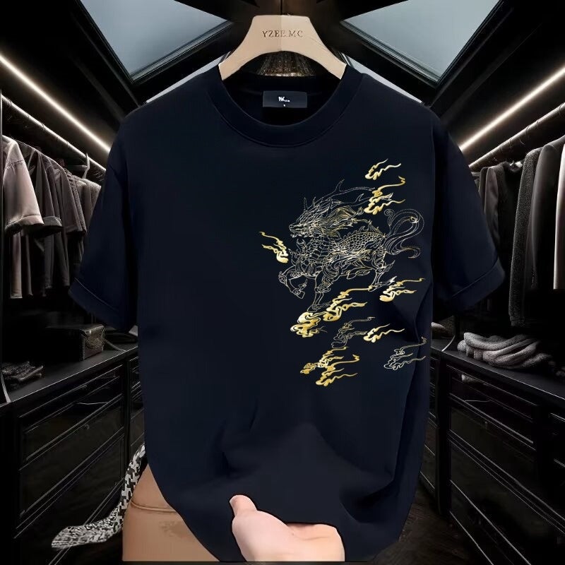 Summer New National Fashion Chinese Style Kirin Printed Loose Fat Guy Cotton Half-Sleeve T-Shirt Social Short-Sleeved T-Shirt for Men 220g-black (long staple cotton)