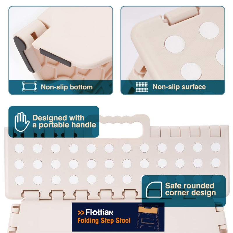 Flottian 5" Folding Step Stool for Adults and Kids 15-Inch Extra Wide Stool Holds Up to 300 lbs,Non-Slip Folding Stools with Handle,Compact Plastic Foldable Step Stool for Bathroom,Kitchen,ect Khaki - Image 4
