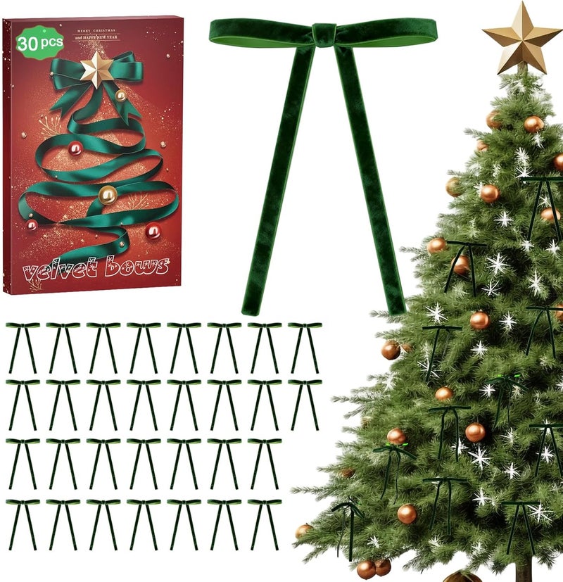 WICHOO Green Velvet Bows for Christmas Tree - 30Pcs Vintage Ribbon Bows for Tree Decorations, 3/8" Small Bows for Garland, Wreath, Fireplace, Door, Gift Wrapping, Holiday Decor (5 x 7 Inch) - Image 1