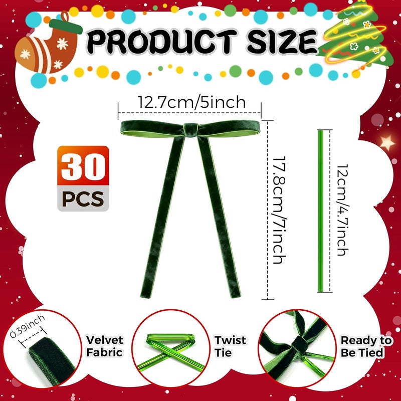 WICHOO Green Velvet Bows for Christmas Tree - 30Pcs Vintage Ribbon Bows for Tree Decorations, 3/8" Small Bows for Garland, Wreath, Fireplace, Door, Gift Wrapping, Holiday Decor (5 x 7 Inch) - Image 2