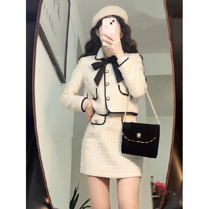 Chic Bow Tie Jacket Skirt Set for Women suit * 5047 (creamy-white jacket skirt (lined)