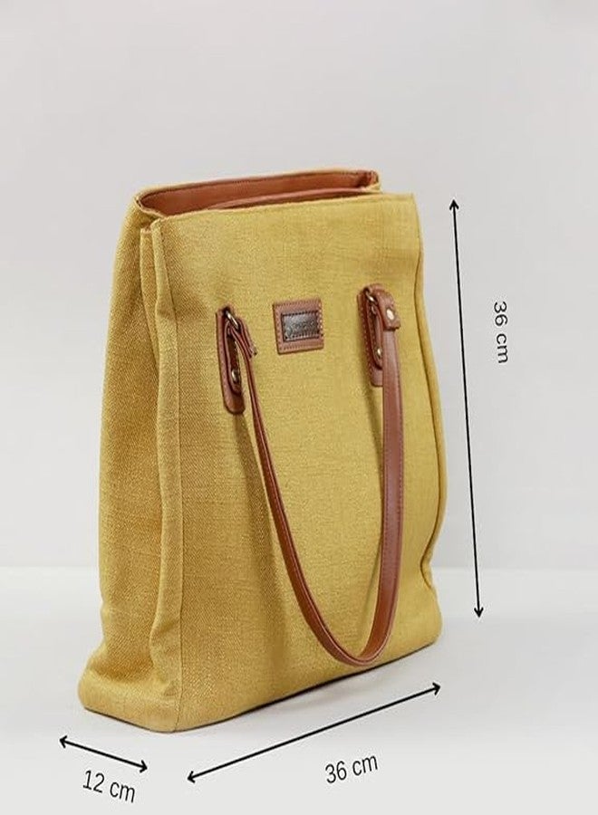 BHASTRA Three Pocket Tote Bag - Mustard | Handloom Cotton And Vegan Leather | Laptop | Tote Bags for Women For Office Use, Work | Ladies Stylish Shoulder Bag - Ideal For Gifting - Image 3