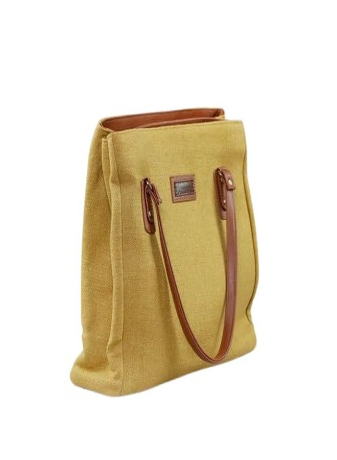 BHASTRA Three Pocket Tote Bag - Mustard | Handloom Cotton And Vegan Leather | Laptop | Tote Bags for Women For Office Use, Work | Ladies Stylish Shoulder Bag - Ideal For Gifting - Image 1