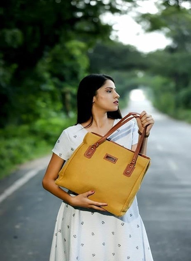 BHASTRA Three Pocket Tote Bag - Mustard | Handloom Cotton And Vegan Leather | Laptop | Tote Bags for Women For Office Use, Work | Ladies Stylish Shoulder Bag - Ideal For Gifting - Image 4