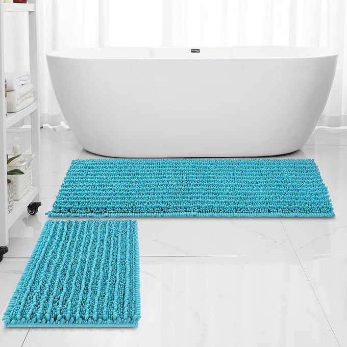 LUXURY CHENILLE PEACOCK BLUE BATHROOM RUGS BATH MATS SETS EXTRA SOFT AND ABSORBENT BATHROOM RUGS NON SKID MACHINE WASH DRY BATH MATS47X17 PLUS 17X24