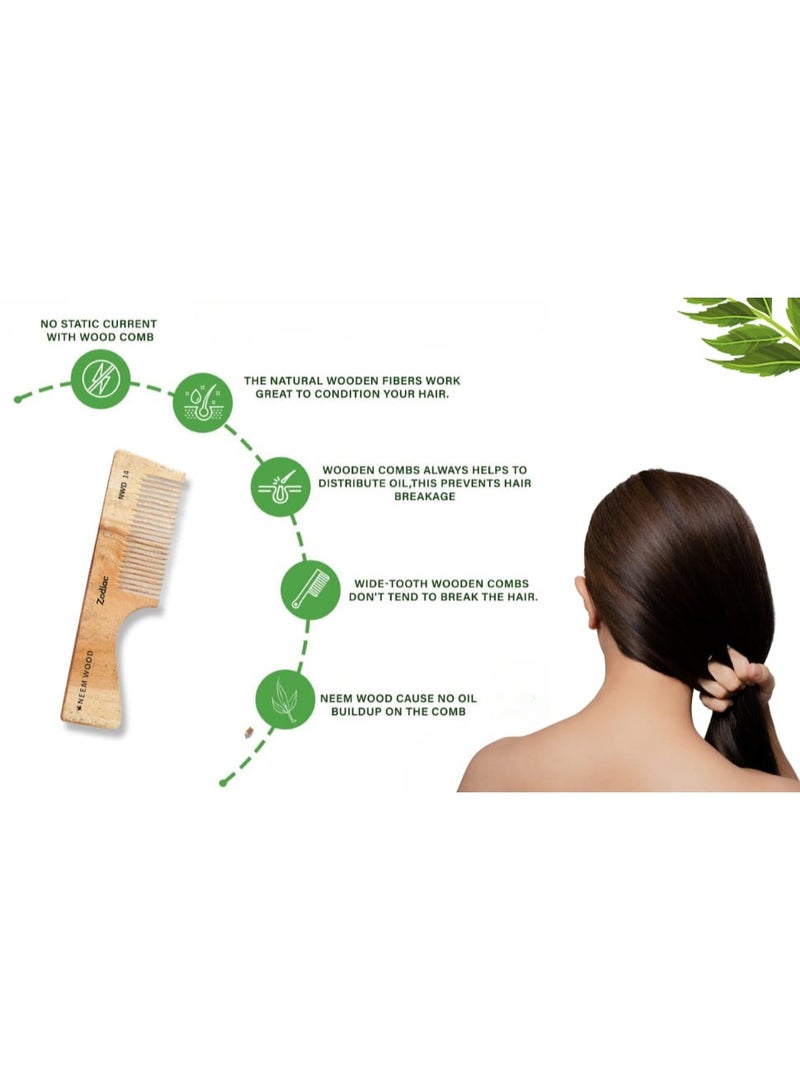 Zodiac Neem Wood Hair Comb for Hair Growth, Dandruff Control & Reduced Hair Fall | Wide & Thin Teeth NWD 14 - Image 1