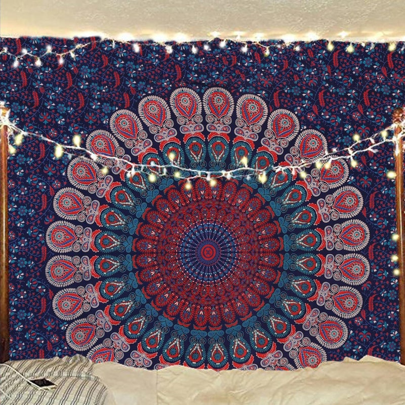 Bless International Handmade Indian hippie Bohemian Psychedelic Peacock Mandala Wall hanging College Dorm Beach Throws Table Cloth Bedding Tapestry (Midnight Blue, Medium(54x60Inches)(137x152cms)) - Image 1