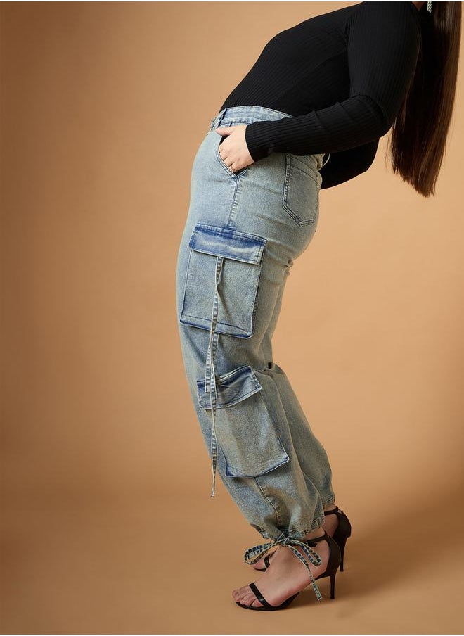 SASSAFRAS Plus Size Acid Wash Straight Fit Jeans with Cargo Pockets by Styli  - Image 1