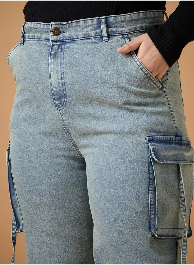 ساسافراس Plus Size Acid Wash Straight Fit Jeans with Cargo Pockets by Styli