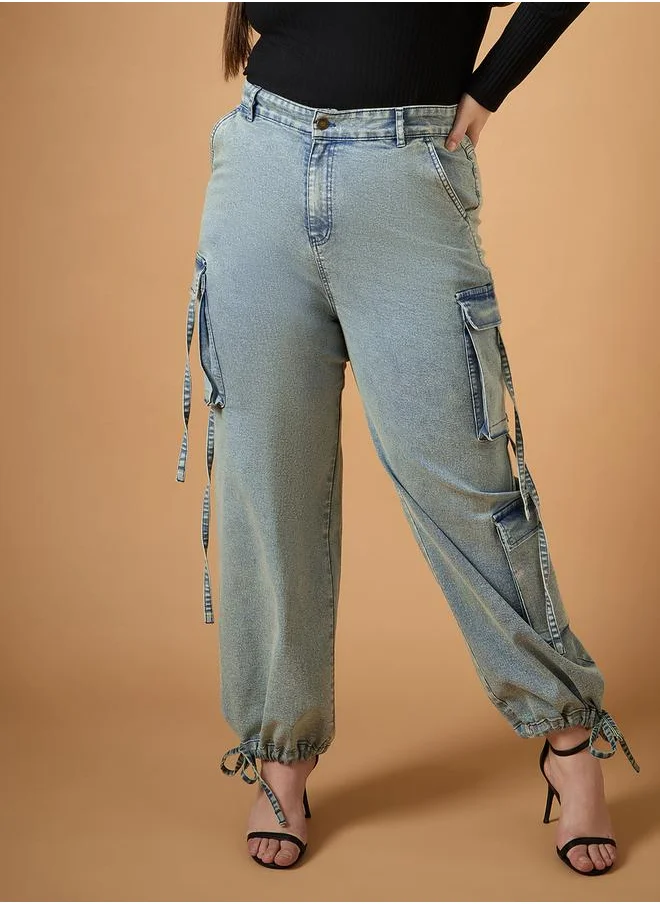ساسافراس Plus Size Acid Wash Straight Fit Jeans with Cargo Pockets by Styli