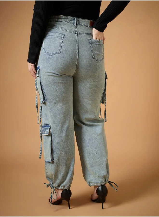 ساسافراس Plus Size Acid Wash Straight Fit Jeans with Cargo Pockets by Styli