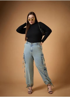 SASSAFRAS Plus Size Acid Wash Straight Fit Jeans with Cargo Pockets by Styli  - Image 2