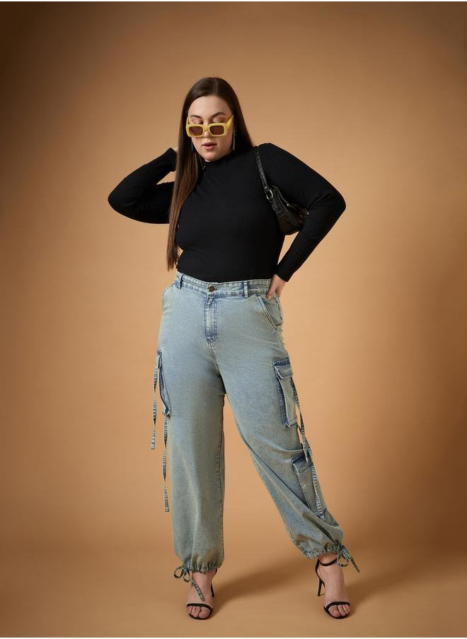 SASSAFRAS Plus Size Acid Wash Straight Fit Jeans with Cargo Pockets by Styli  - Image 2