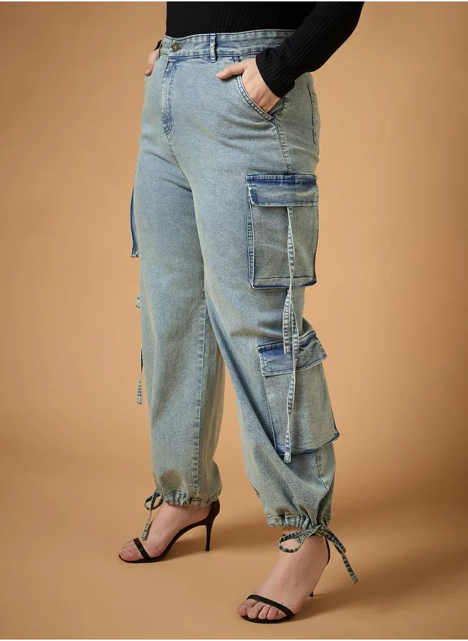 ساسافراس Plus Size Acid Wash Straight Fit Jeans with Cargo Pockets by Styli