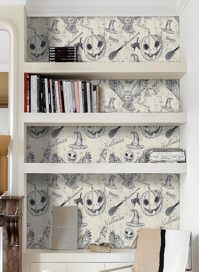 FunStick Vintage Grey Beige Wallpaper Peel and Stick Harry Potter Navy Blue Owl Pumpkin Witchy Bat Gothic Wall Paper Mural for Bedroom Self Adhesive Beige Contact Paper for Walls Cabinets 17.5"x118" - Image 4