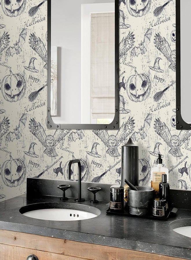 FunStick Vintage Grey Beige Wallpaper Peel and Stick Harry Potter Navy Blue Owl Pumpkin Witchy Bat Gothic Wall Paper Mural for Bedroom Self Adhesive Beige Contact Paper for Walls Cabinets 17.5"x118" - Image 5