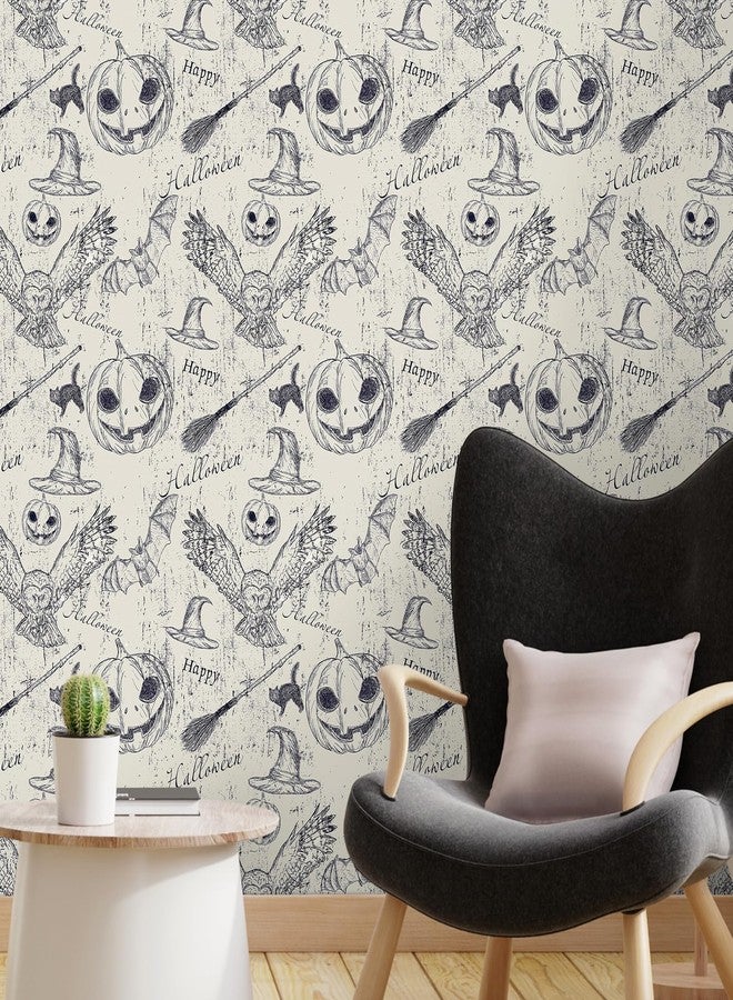 FunStick Vintage Grey Beige Wallpaper Peel and Stick Harry Potter Navy Blue Owl Pumpkin Witchy Bat Gothic Wall Paper Mural for Bedroom Self Adhesive Beige Contact Paper for Walls Cabinets 17.5"x118" - Image 3