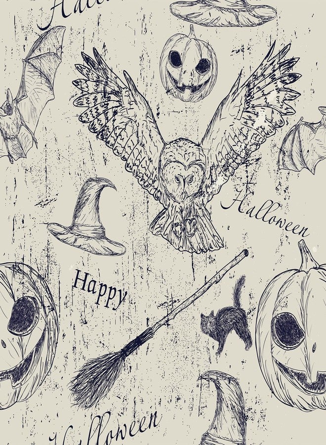 FunStick Vintage Grey Beige Wallpaper Peel and Stick Harry Potter Navy Blue Owl Pumpkin Witchy Bat Gothic Wall Paper Mural for Bedroom Self Adhesive Beige Contact Paper for Walls Cabinets 17.5"x118" - Image 1