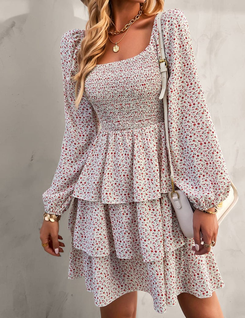 BTFBM Womens Long Sleeve Dress Vacation Square Neck Smocked Floral Swiss Dot Mini Boho Fall Wedding Guest Dresses 2025(Floral White Red, Large) - Image 3