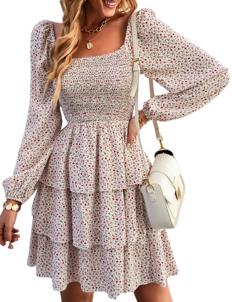 BTFBM Womens Long Sleeve Dress Vacation Square Neck Smocked Floral Swiss Dot Mini Boho Fall Wedding Guest Dresses 2025(Floral White Red, Large) - Image 5