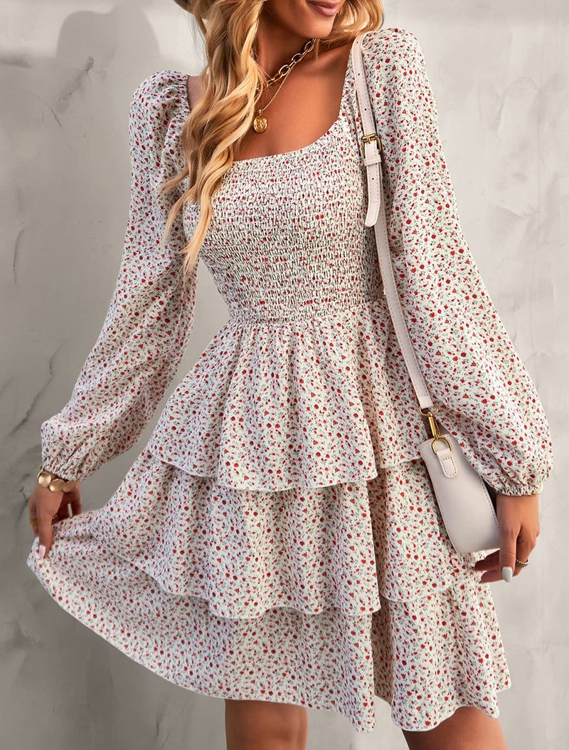 BTFBM Womens Long Sleeve Dress Vacation Square Neck Smocked Floral Swiss Dot Mini Boho Fall Wedding Guest Dresses 2025(Floral White Red, Large) - Image 2