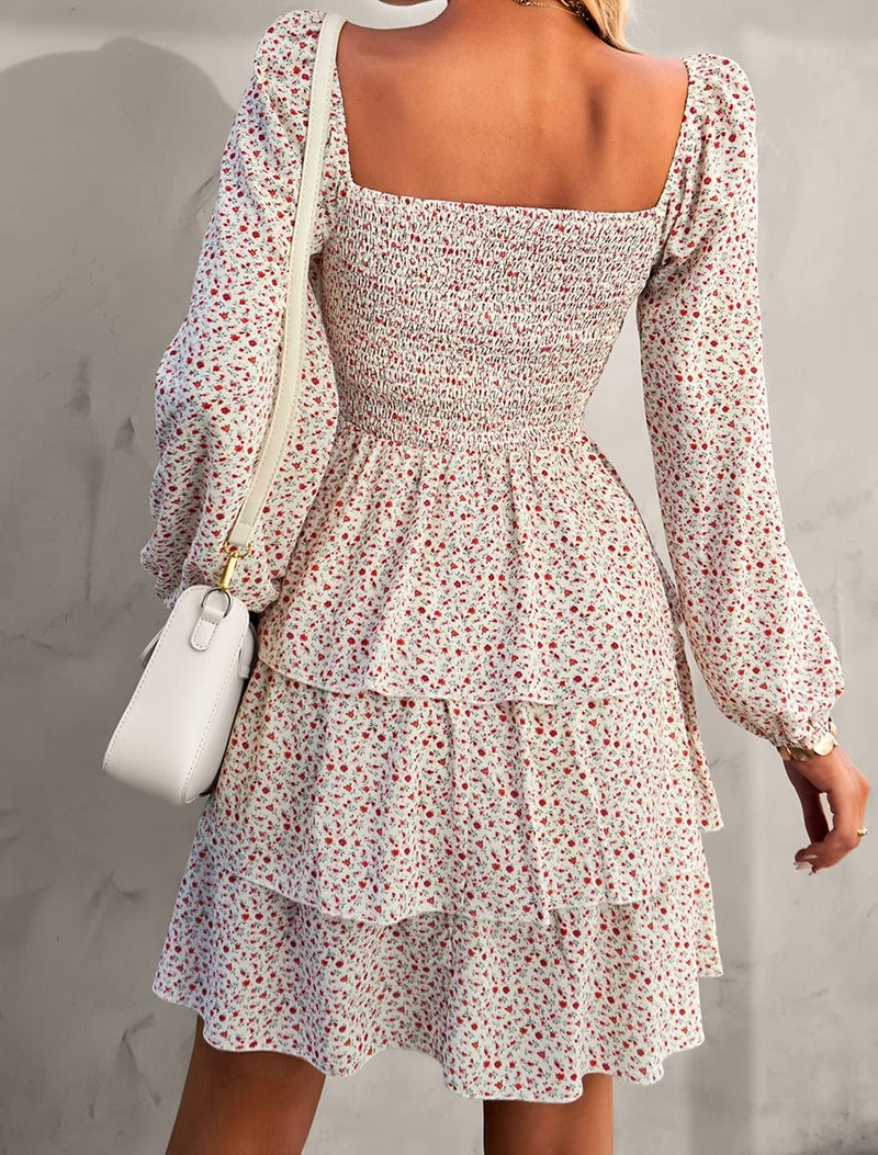 BTFBM Womens Long Sleeve Dress Vacation Square Neck Smocked Floral Swiss Dot Mini Boho Fall Wedding Guest Dresses 2025(Floral White Red, Large) - Image 4