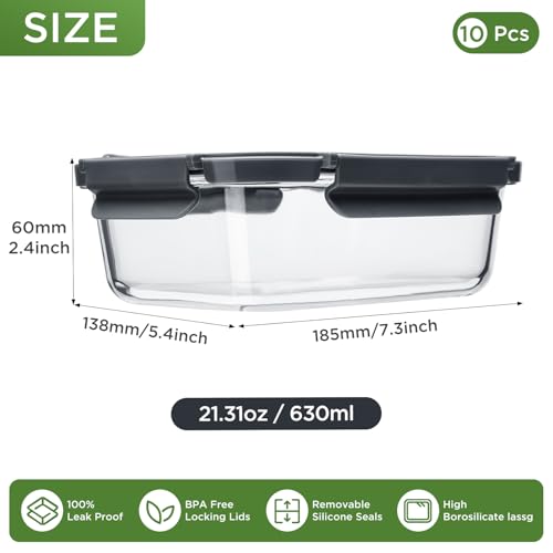Spreccio Glass Food Storage Containers with Lids, 10 Pack of 21oz, Glass Meal Prep Container with Airtight Lids, Microwave Safe Food Container Set, BPA Free, LeakProof, Ideal for Lunch - Image 2