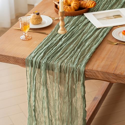 FEXIA Cheesecloth Table Runner Sage Green for Woodland Baby Shower Bridal Wedding Decoration Gauze Rustic Table Runner for Party First Communion Centerpiece Engagement 35x120 Inches - Image 1