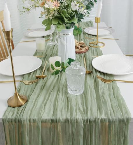FEXIA Cheesecloth Table Runner Sage Green for Woodland Baby Shower Bridal Wedding Decoration Gauze Rustic Table Runner for Party First Communion Centerpiece Engagement 35x120 Inches - Image 5