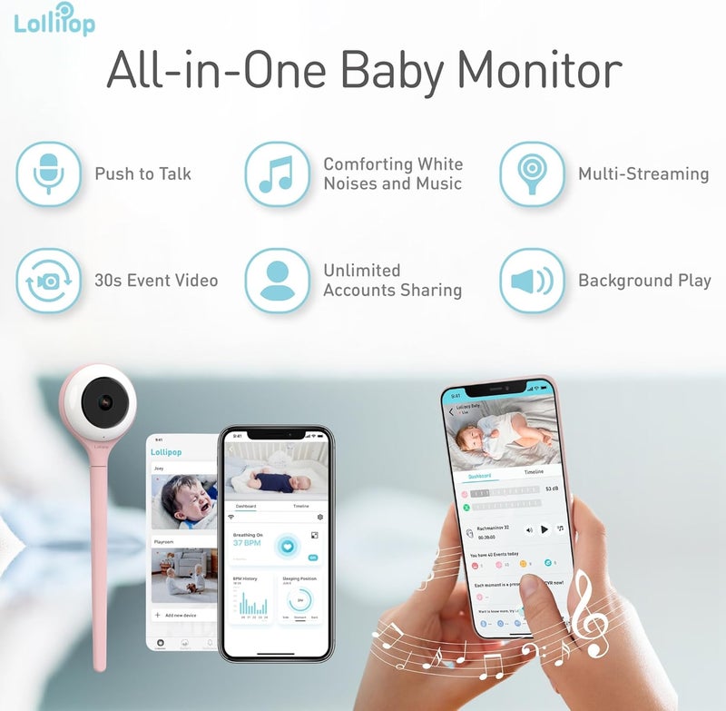 Lollipop مراقب الأطفال لولي بوب مع كشف البكاء الحقيقي - كاميرا أطفال ذكية واي فاي بلون حلوى القطن - Image 3