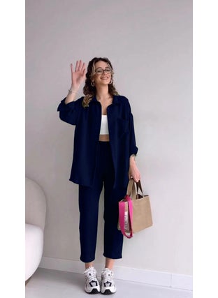 1Tarz 1Style Linen Casual Two Piece Suit Trousers Shirt  - Image 1