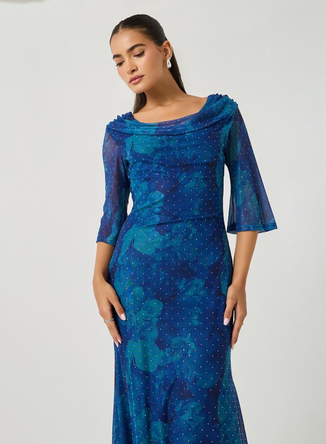 Styli Printed Wide Neck Bell Sleeves Mermaid Hem Midi Dress - Image 3