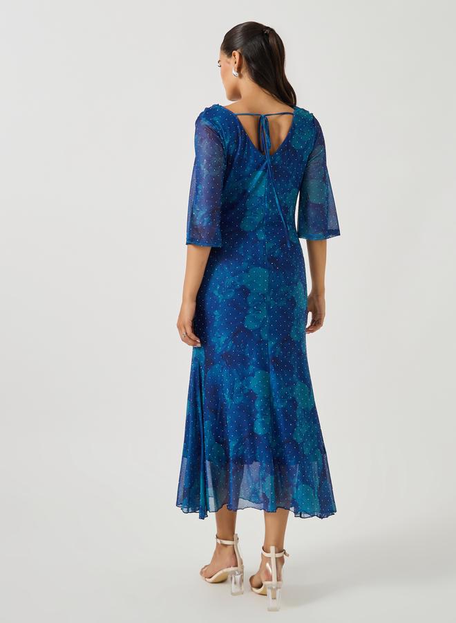 Styli Printed Wide Neck Bell Sleeves Mermaid Hem Midi Dress - Image 5