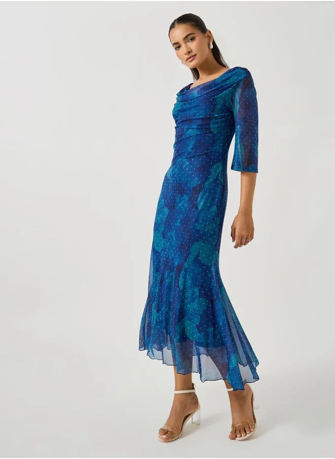 ستايلي Styli Printed Wide Neck Bell Sleeves Mermaid Hem Midi Dress