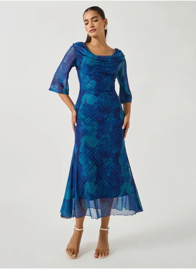 ستايلي Styli Printed Wide Neck Bell Sleeves Mermaid Hem Midi Dress
