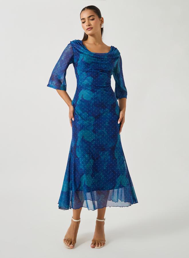 Styli Printed Wide Neck Bell Sleeves Mermaid Hem Midi Dress - Image 2