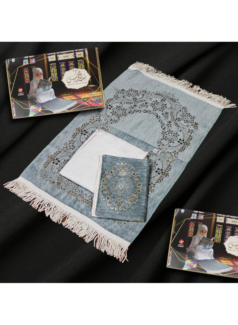 SUNDUS prayer rug with prayer dress and Quran cover for little girls aged 5 to 8 years - Light Green Ramadan gift - Image 1