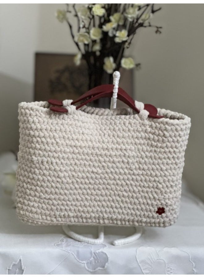 RandSac Cream Crochet Handbag with Red Leather Handles and Flower Detail - Image 1
