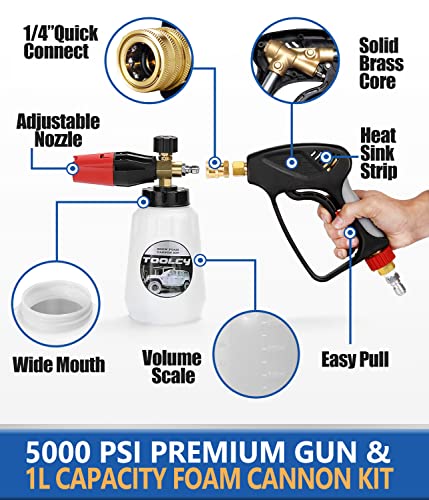 TOOLCY Foam Cannon Kit with Pressure Washer Gun 5000 PSI, 5 Nozzle Tips, 1/4" Quick Connector, 1L Bottle, Quick Release, Industrial Grade - Image 2