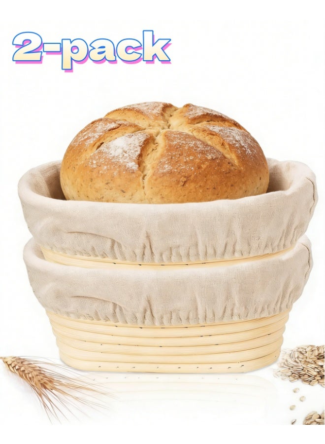 2-Pack Oval Banneton Proofing Basket, 25*15*8CM Natural Rattan Bread Proofing Baskets with Linen Liner, Dough Proofing Bowl for Artisan Sourdough Bread Baking (with Liner) - Image 1