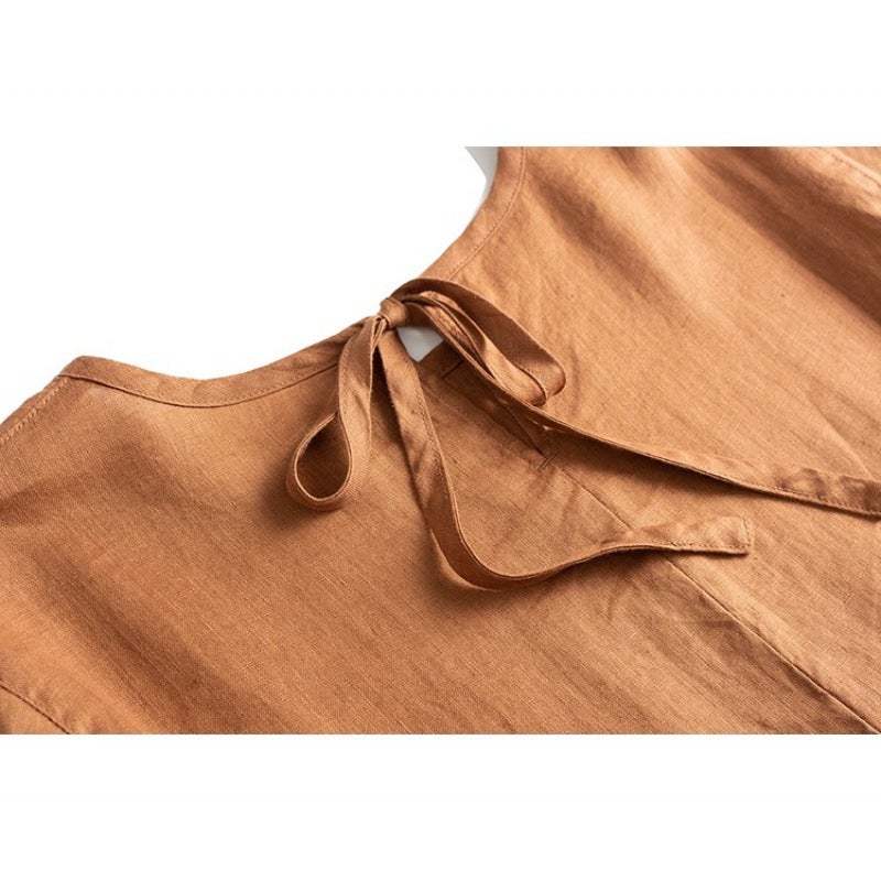 2023 Summer Simple Cotton And Linen Dress Artistic Round Neck Half Sleeve Belt Large Swing Dress - Image 4